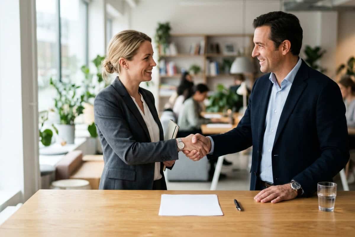 Two professionals shake hands across a wooden table in a bright, modern office, signaling a agreement or introduction.