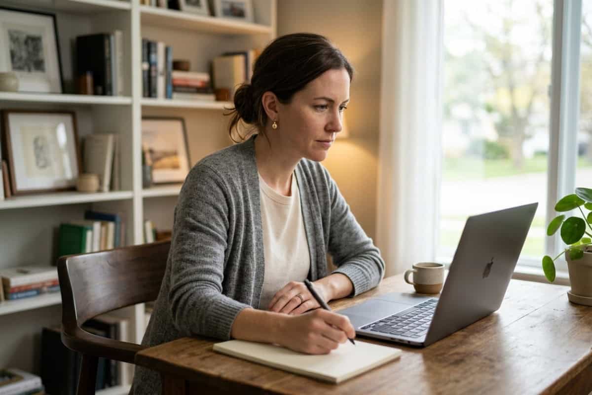 Woman writing in a notebook at a wooden desk with a laptop, bookshelves in the background and a plant by the window.