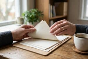 Two people flip through blank notebook pages on a wooden table with a coffee cup nearby.