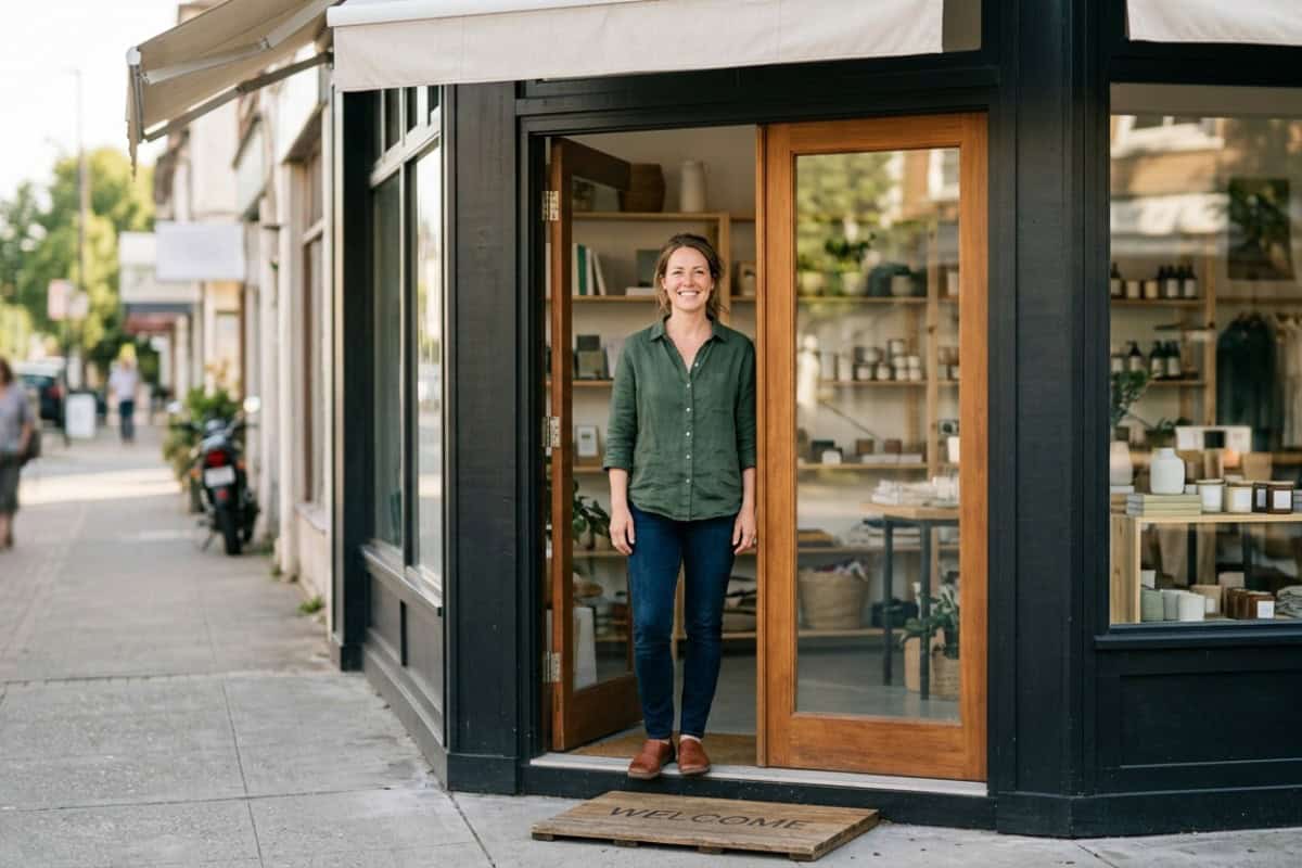 Smiling woman stands in the open doorway of a black storefront, welcoming passersby.