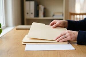Person flipping through beige manila folders on a wooden desk