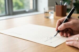Close-up of a hand signing a form with a black fountain pen on a wooden desk